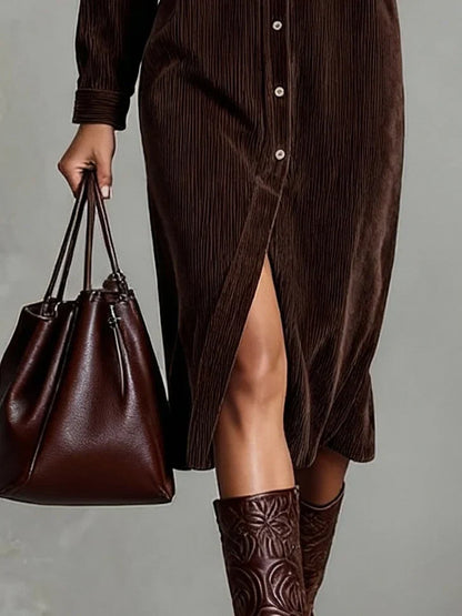 Women's Corduroy Button-Up Midi Dress – Loose Fit, Casual Elegant Style