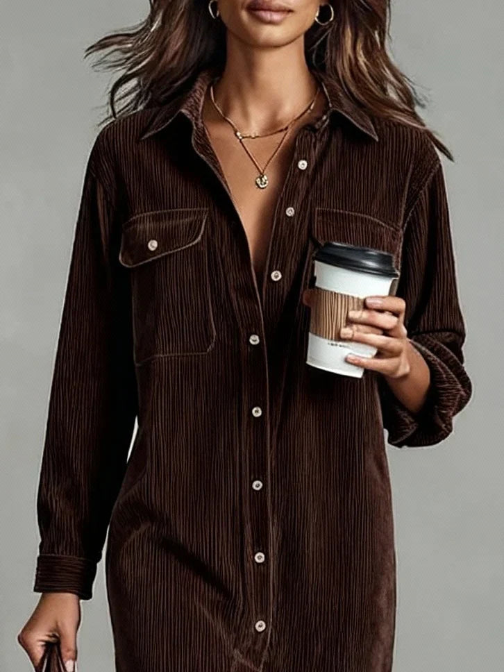 Women's Corduroy Button-Up Midi Dress – Loose Fit, Casual Elegant Style