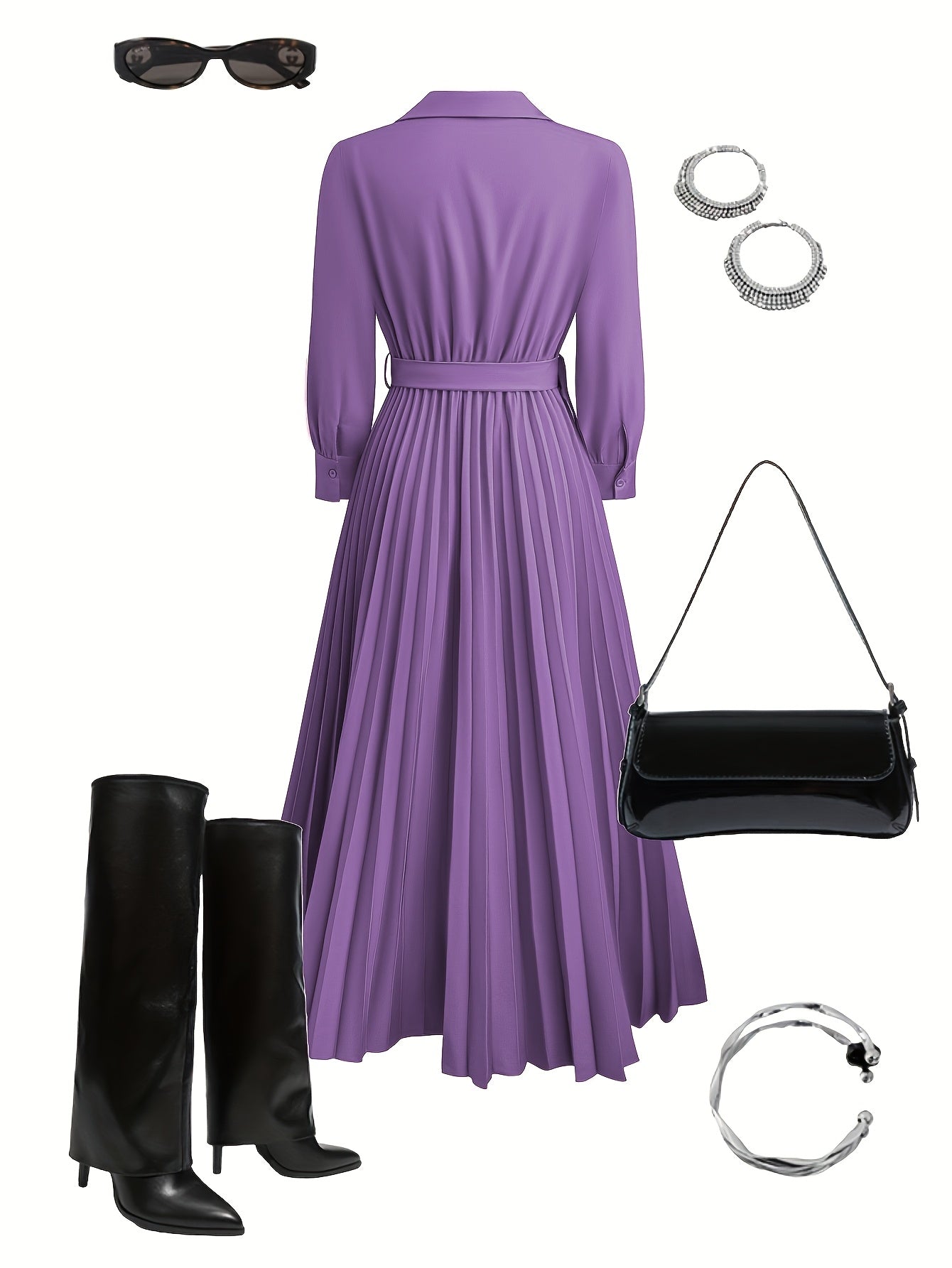 Women's V-Neck Pleated Maxi Dress – Belted Waist, Long Sleeve, Elegant Style