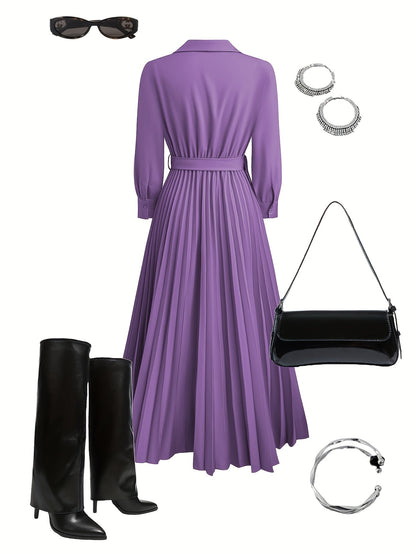 Women's V-Neck Pleated Maxi Dress – Belted Waist, Long Sleeve, Elegant Style