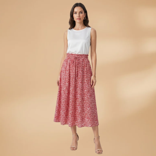 Women's Midi Skirt with Floral Print and Elasticated Waistband