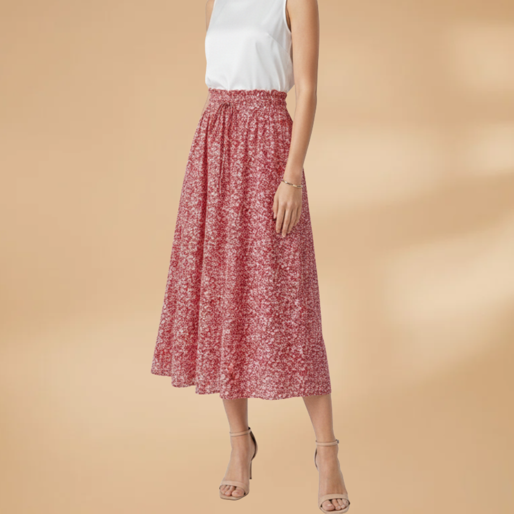 Women's Midi Skirt with Floral Print and Elasticated Waistband