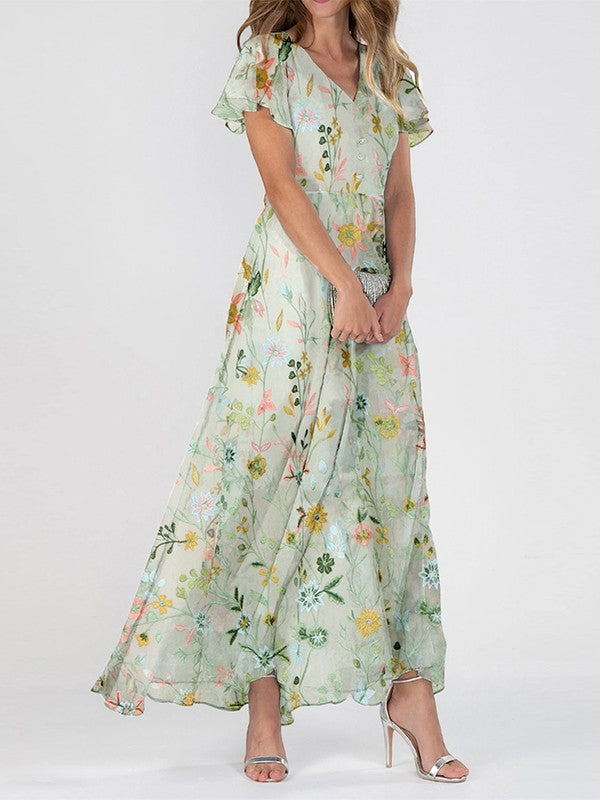 Women Floral Print V Neck Maxi Dress