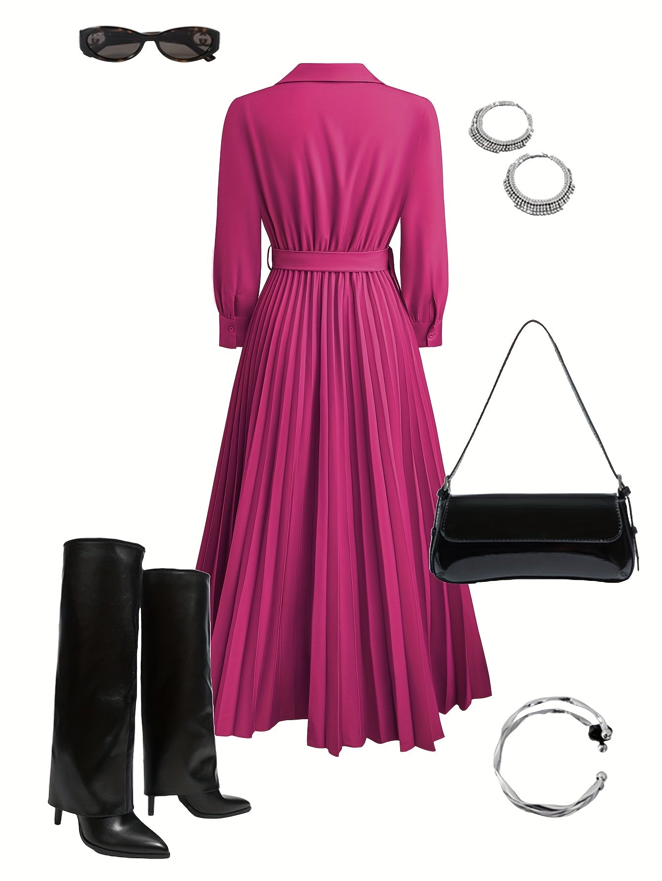 Women's V-Neck Pleated Maxi Dress – Belted Waist, Long Sleeve, Elegant Style