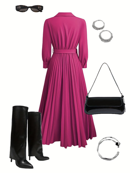 Women's V-Neck Pleated Maxi Dress – Belted Waist, Long Sleeve, Elegant Style