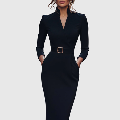 Women's Mock Wrap Pencil Midi Dress – Belted Waist, 3/4 Sleeve, Black Style