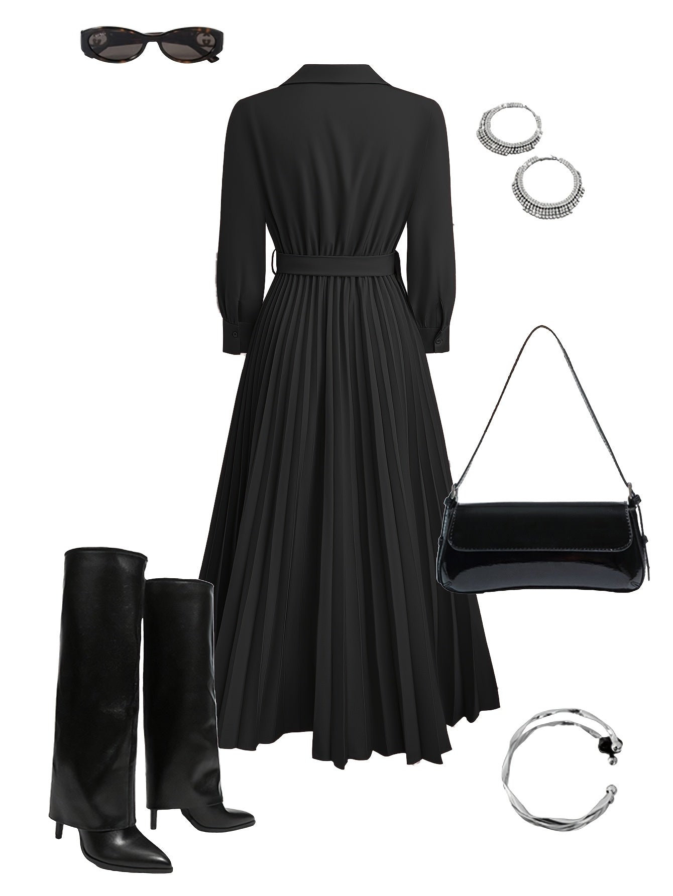 Women's V-Neck Pleated Maxi Dress – Belted Waist, Long Sleeve, Elegant Style