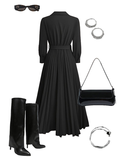 Women's V-Neck Pleated Maxi Dress – Belted Waist, Long Sleeve, Elegant Style