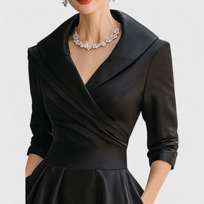 Women's V-Neck Wrap Bodice Midi Dress – 3/4 Sleeve, Flared Skirt, Elegant