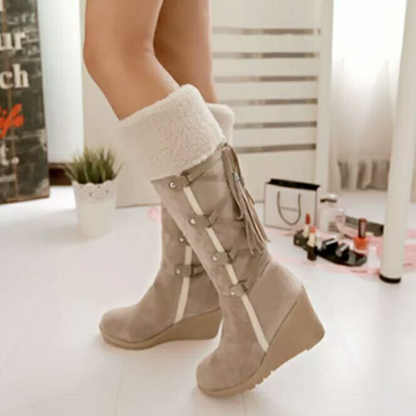 Elissa | Women's Knee-High Boots - Wedge Heel with Fold-Over Cuff and Tassel Tie