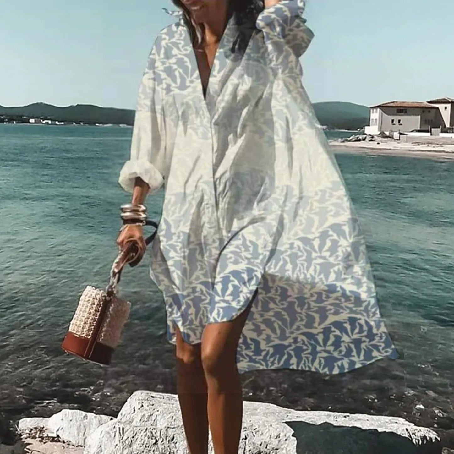 Women Casual Printed Shirt Midi Dress