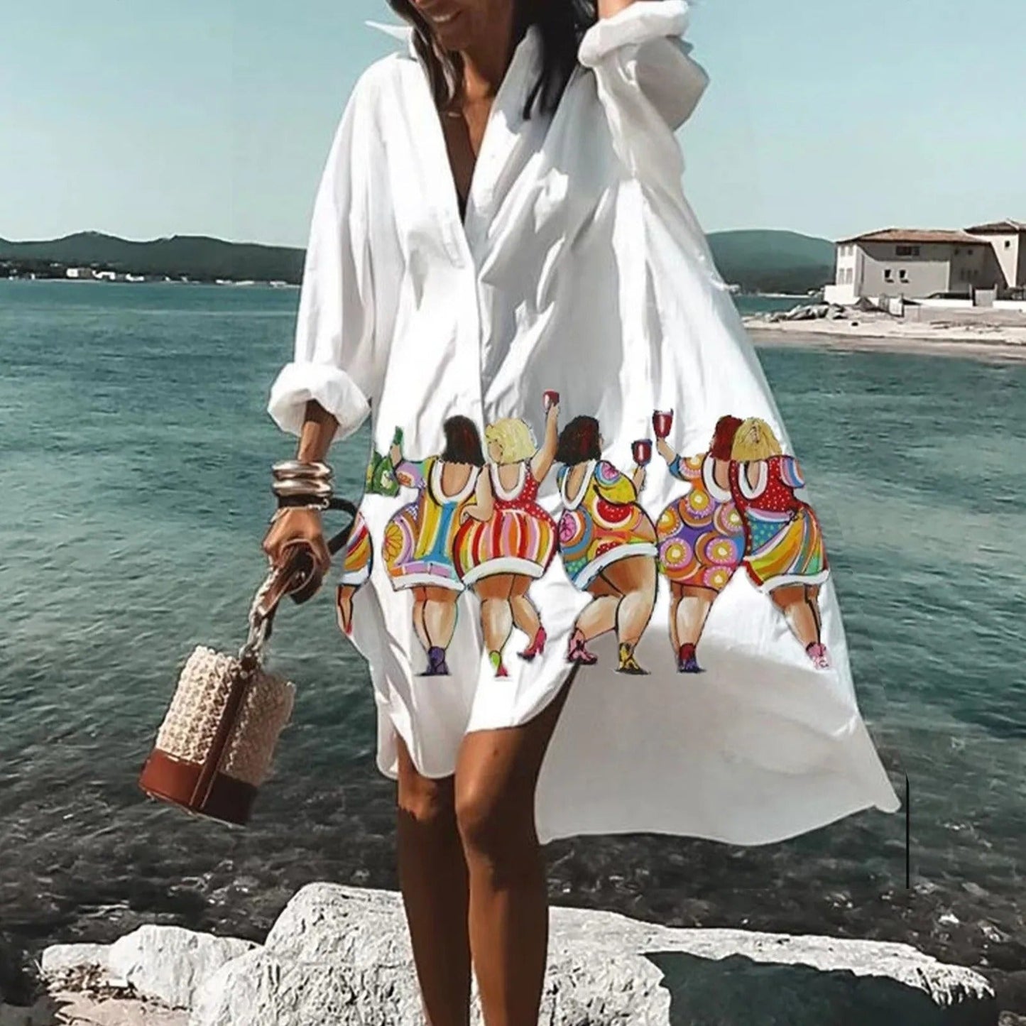 Women Casual Printed Shirt Midi Dress