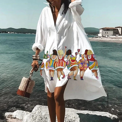 Women Casual Printed Shirt Midi Dress