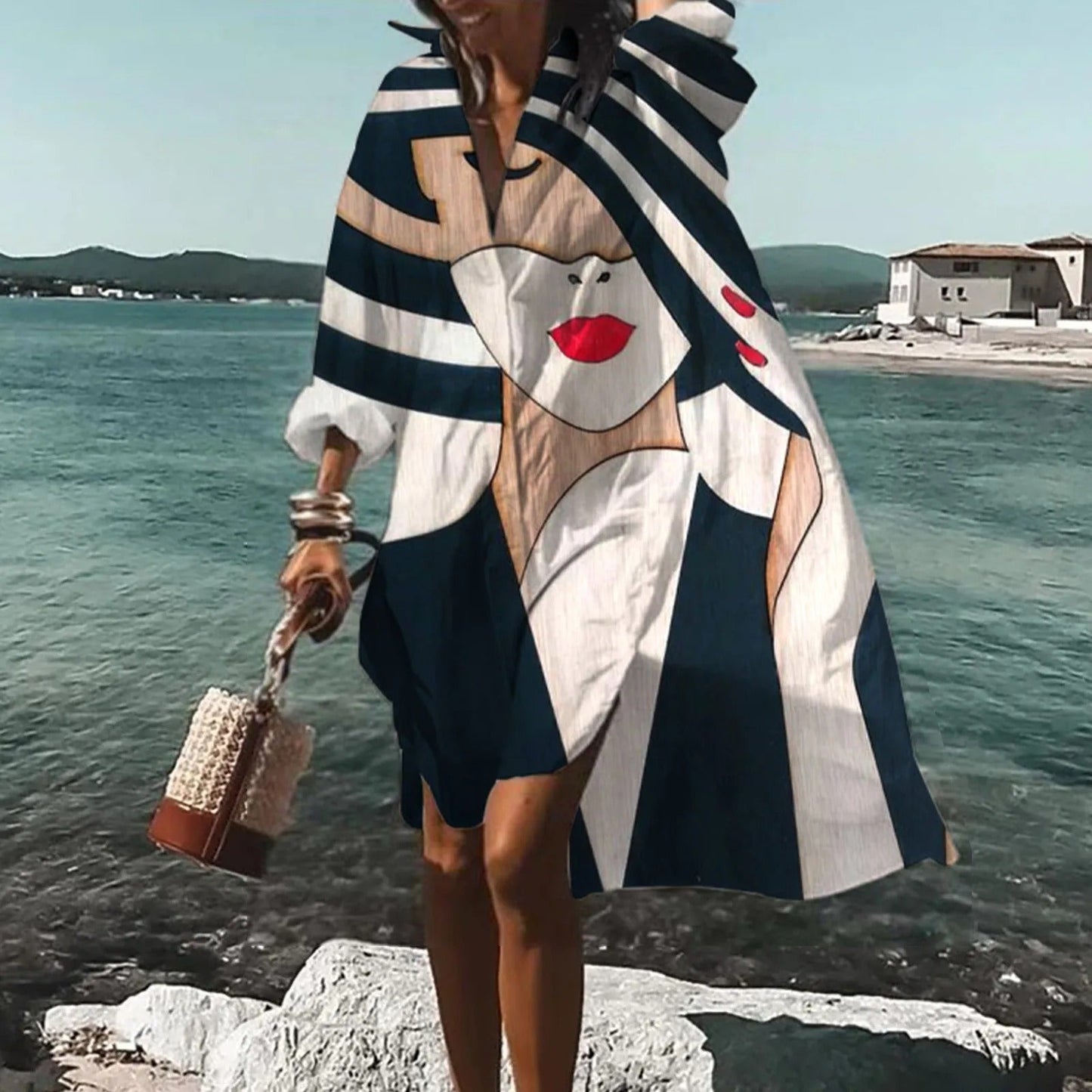 Women Casual Printed Shirt Midi Dress