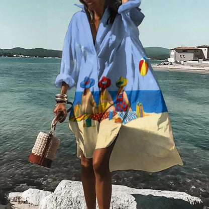Women Casual Printed Shirt Midi Dress