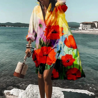 Women Casual Printed Shirt Midi Dress