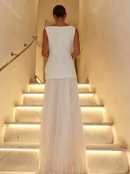 Women's Sleeveless Pleated Formal Dress – Boat Neck, Fitted Bodice, Elegant