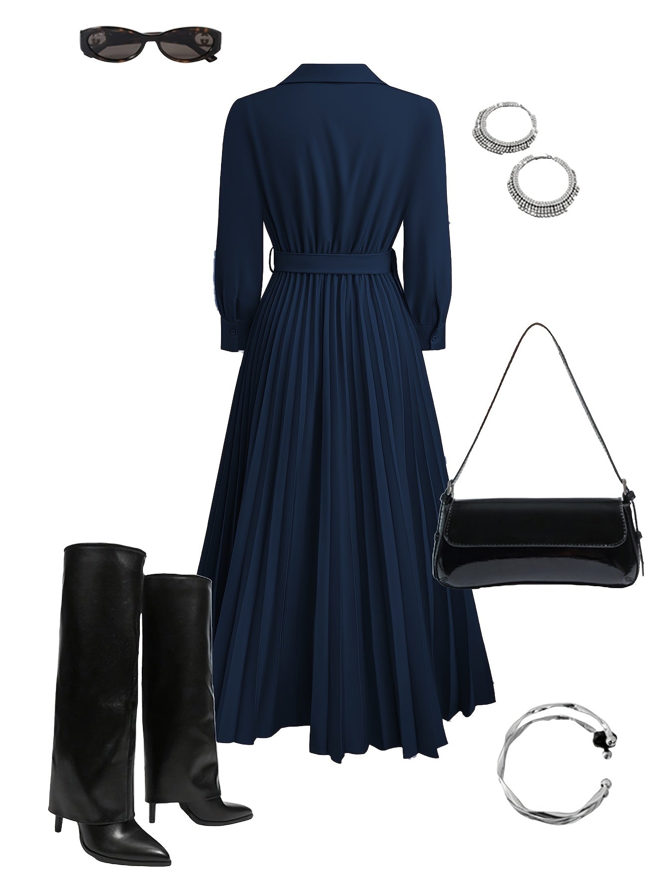Women's V-Neck Pleated Maxi Dress – Belted Waist, Long Sleeve, Elegant Style