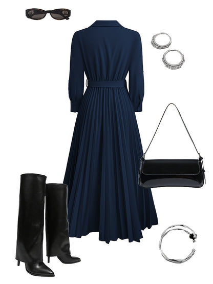 Women's V-Neck Pleated Maxi Dress – Belted Waist, Long Sleeve, Elegant Style