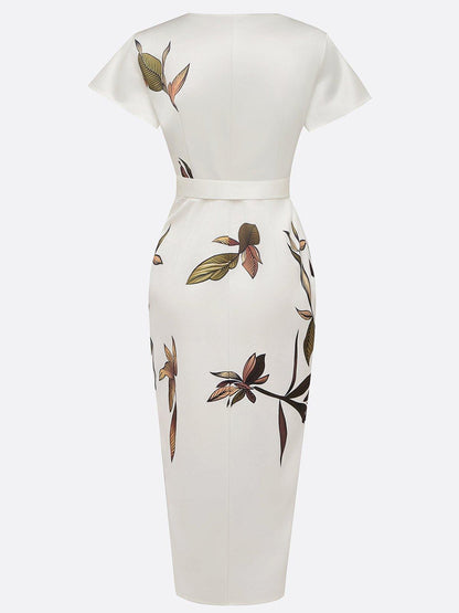 Women's Elegant Wrap Dress – V-Neck, Flutter Sleeve, Leaf Print, Tied Waist
