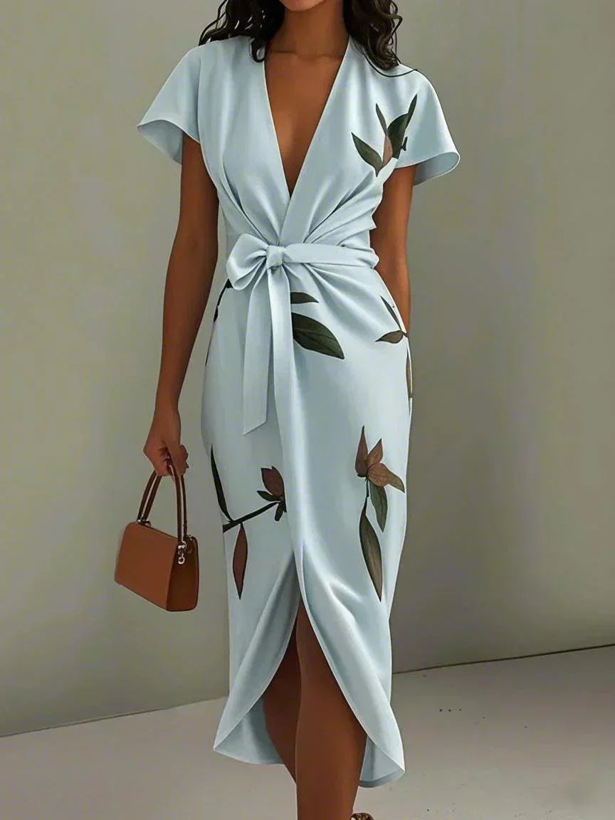 Women's Elegant Wrap Dress – V-Neck, Flutter Sleeve, Leaf Print, Tied Waist