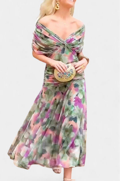 Women's Off-Shoulder Ruched Evening Dress – Flowing Skirt, Elegant Formal